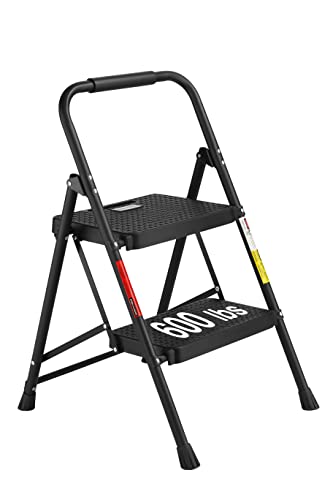 BONTEC 3-Step Ladder, Folding Step Stool, 600lbs Max Load Capacity, Sturdy Steel, Non-Slip Pedals, Lightweight, Portable Steel Ladder with Convenient Handrail, Safety Design for Home & Work, Black