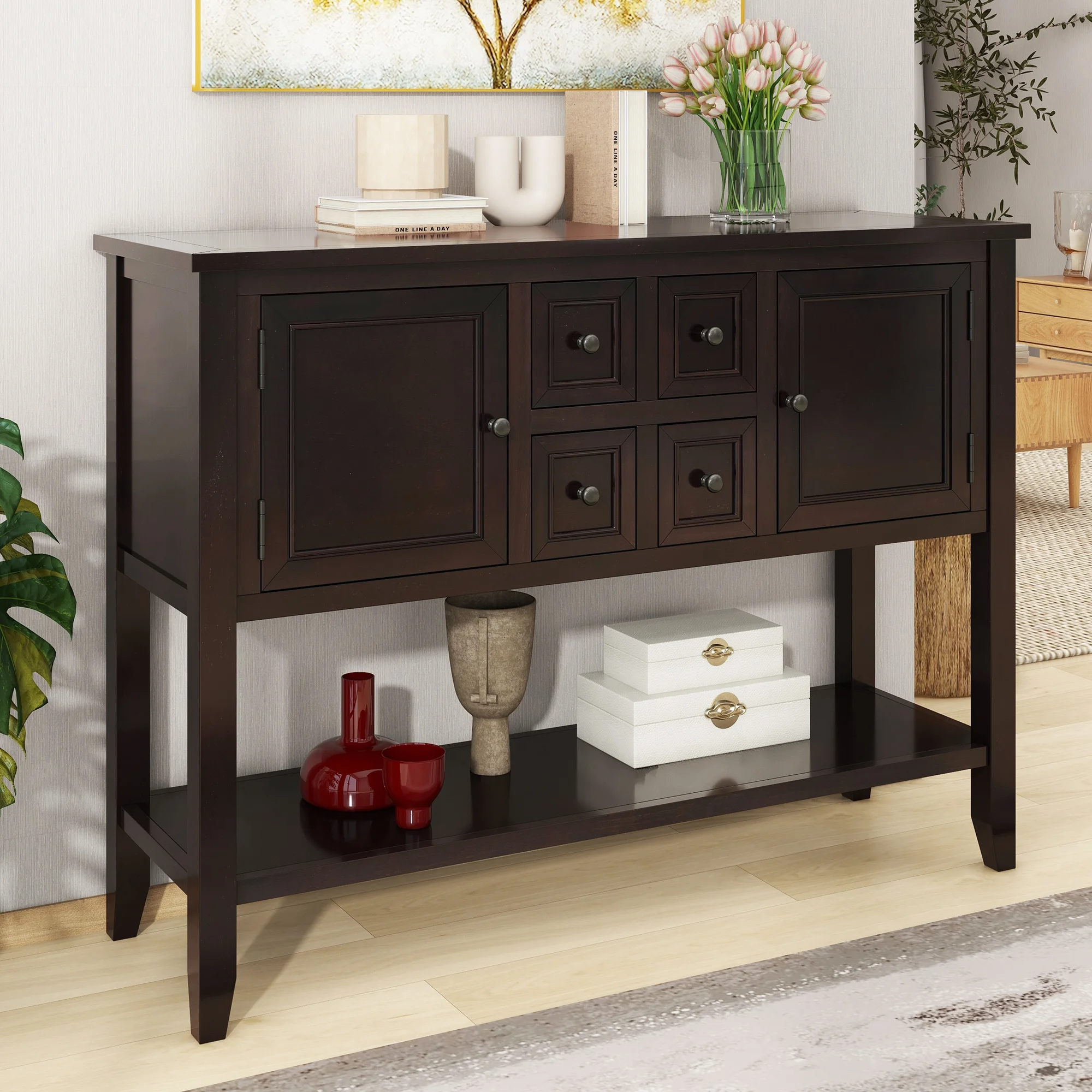 TREXM Cambridge Series Ample Storage Vintage Console Table with Four Small Drawers and Bottom Shelf for Living Rooms, Entrances and Kitchens (Espresso, OLD SKU: WF190263AAP)