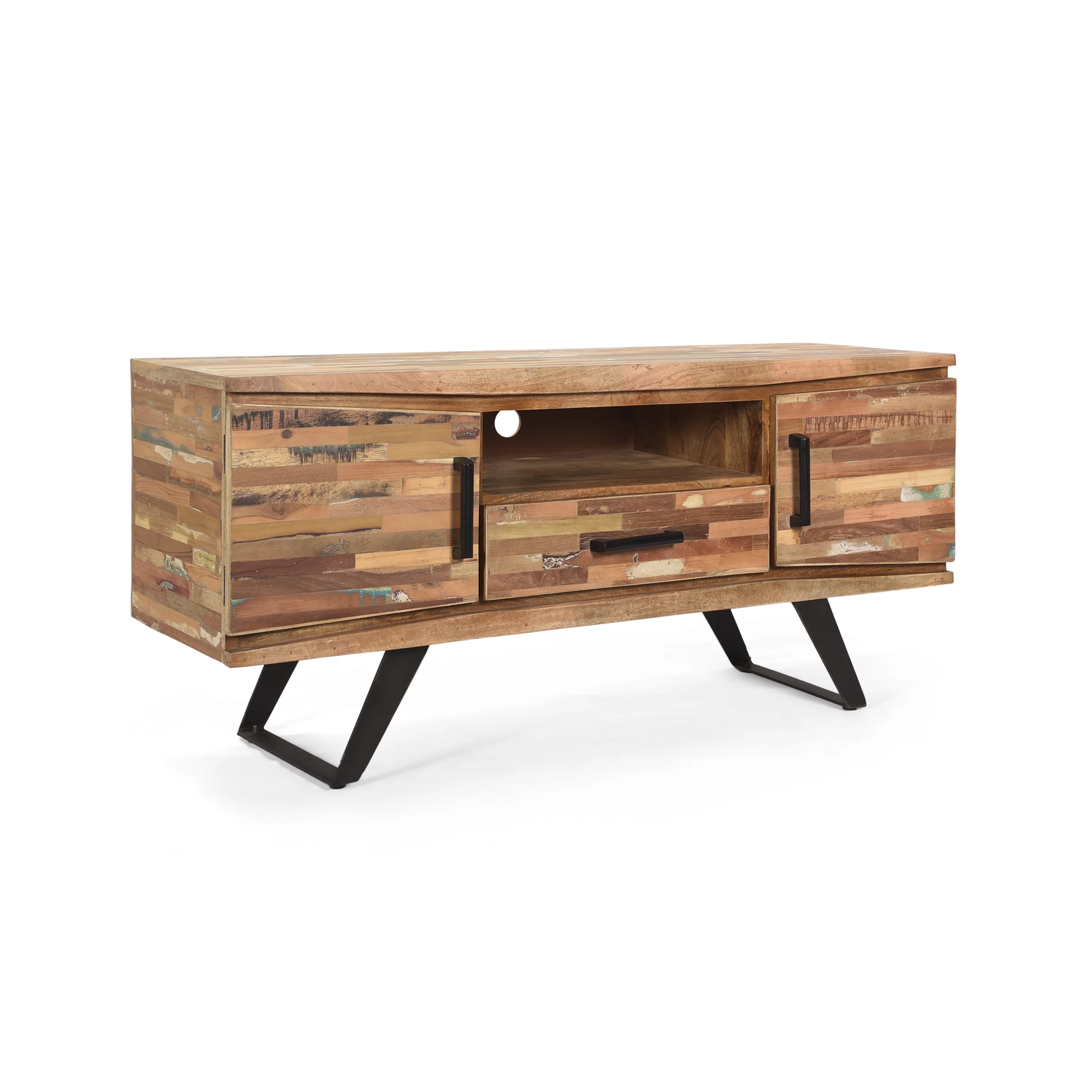 Noble House Desta Handcrafted Boho Reclaimed Wood TV Stand, Natural and Black