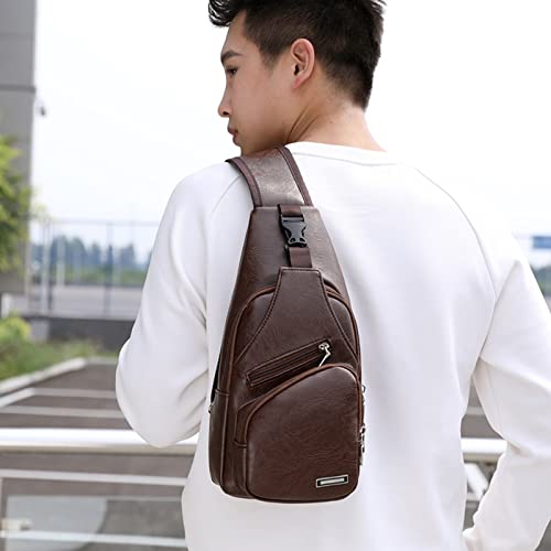Crossbody Sling Bag,Men Women Waterproof Leather Sling Backpack Bag USB Charging,Small Chest Bag with Earphone Hole