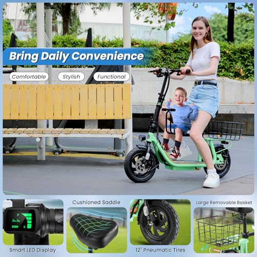 Caroma Peak 500W/800W/1200W Electric Scooter with Seat, 30 Miles Max Range Electric Scooter Adults&Teens, 48V Large Battery, 20MPH Top Speed Foldable Ebike, Adjustable E-Bike with Basket&Kid Seat