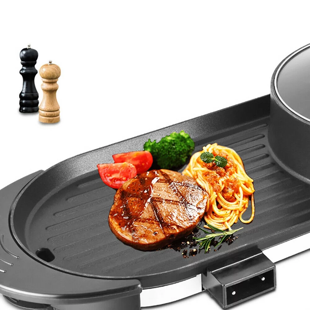 2 in 1 Electric Hot Pot Barbecue Grill Smokeless Grill BBQ Teppanyaki Shabu Pot Non-Stick Pan