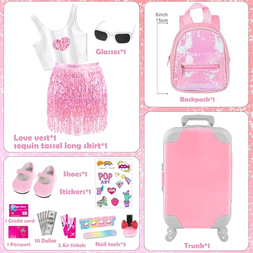 ebuddy 18 Inch Doll Clothes and Accessories-Fashion Fringe Dress with Travel Suitcase Backpack Manicure Playset Including Tassel Dress Set, Suitcase, Backpack, Glasses, Shoes, Nail kit(No Doll)