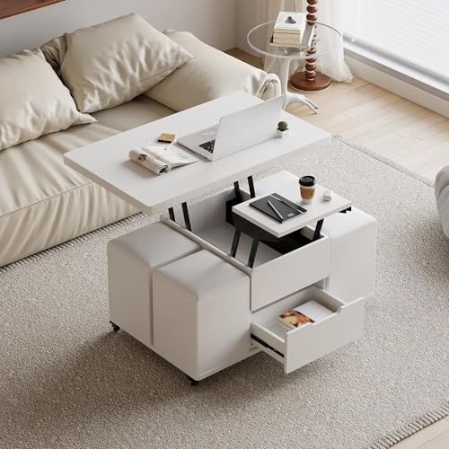 homary White Lift Top Coffee Table with Hidden Storage, 3 in 1 Multi-Function Modern Folding Center Table with 4 Stools and Casters