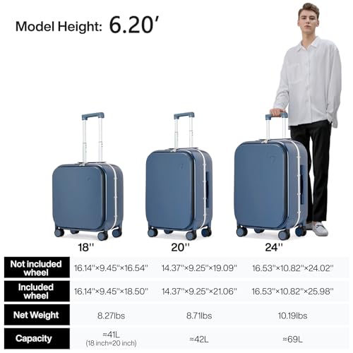 mixi Carry On Luggage, 20'' Suitcase with Front Laptop Pocket, Travel Rolling Luggage Aluminum Frame PC Hardside with Spinner Wheels & TSA Lock and Cover - Smoke White