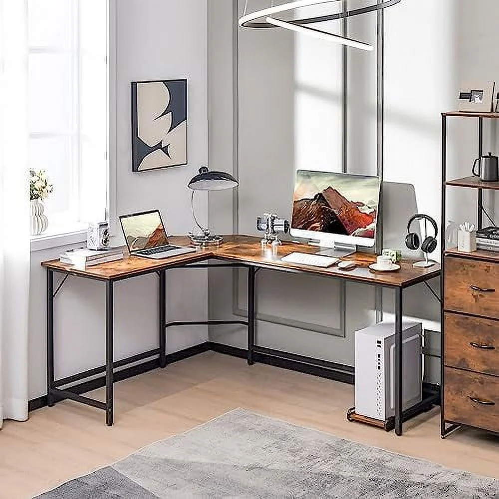 HJZBNONE L-Shaped Desk with CPU Stand  66 Inch Wooden -Saving Corner Desk w/Metal Frame  Large Computer Gaming PC Desk  Writing Table Study Desk for Bedroom  Study  Office (Black)