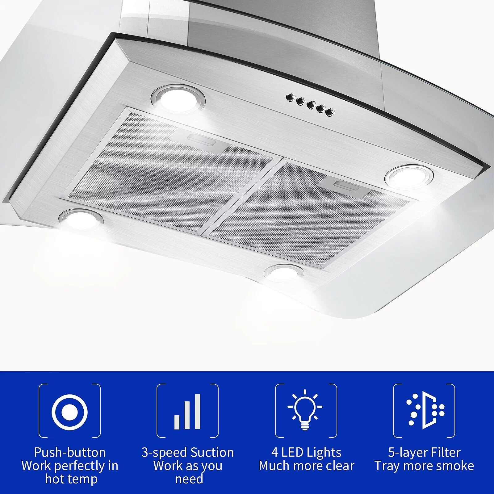 30 inch Island Mount Range Hood 900CFM  Tempered Glass 3-Speed Vent Hood Stainless Steel Dishwasher
