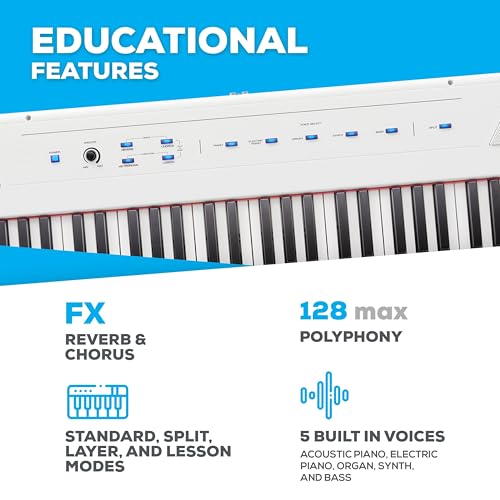 Alesis Recital – 88 Key Digital Piano Keyboard with Semi Weighted Keys, 2x20W Speakers, 5 Voices, Split, Layer and Lesson Mode, FX and Piano Lessons