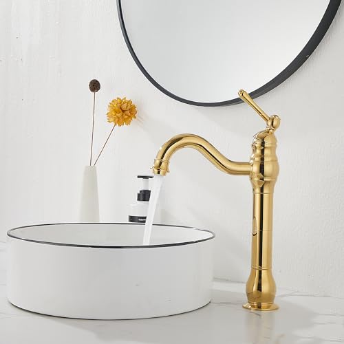 GGStudy 360° Swivel Antique Brass Bathroom Vessel Sink Faucet Single Handle One Hole Matching with Pop Up Drain