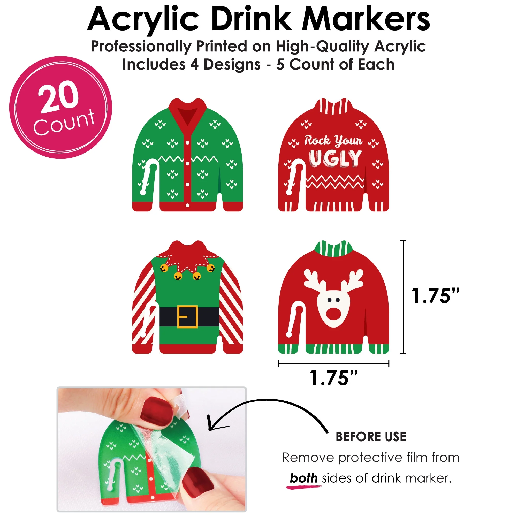 Big Dot of Happiness Ugly Sweater - Holiday and Christmas Party Wine Glass Charms - Acrylic Drink Markers - Set of 20