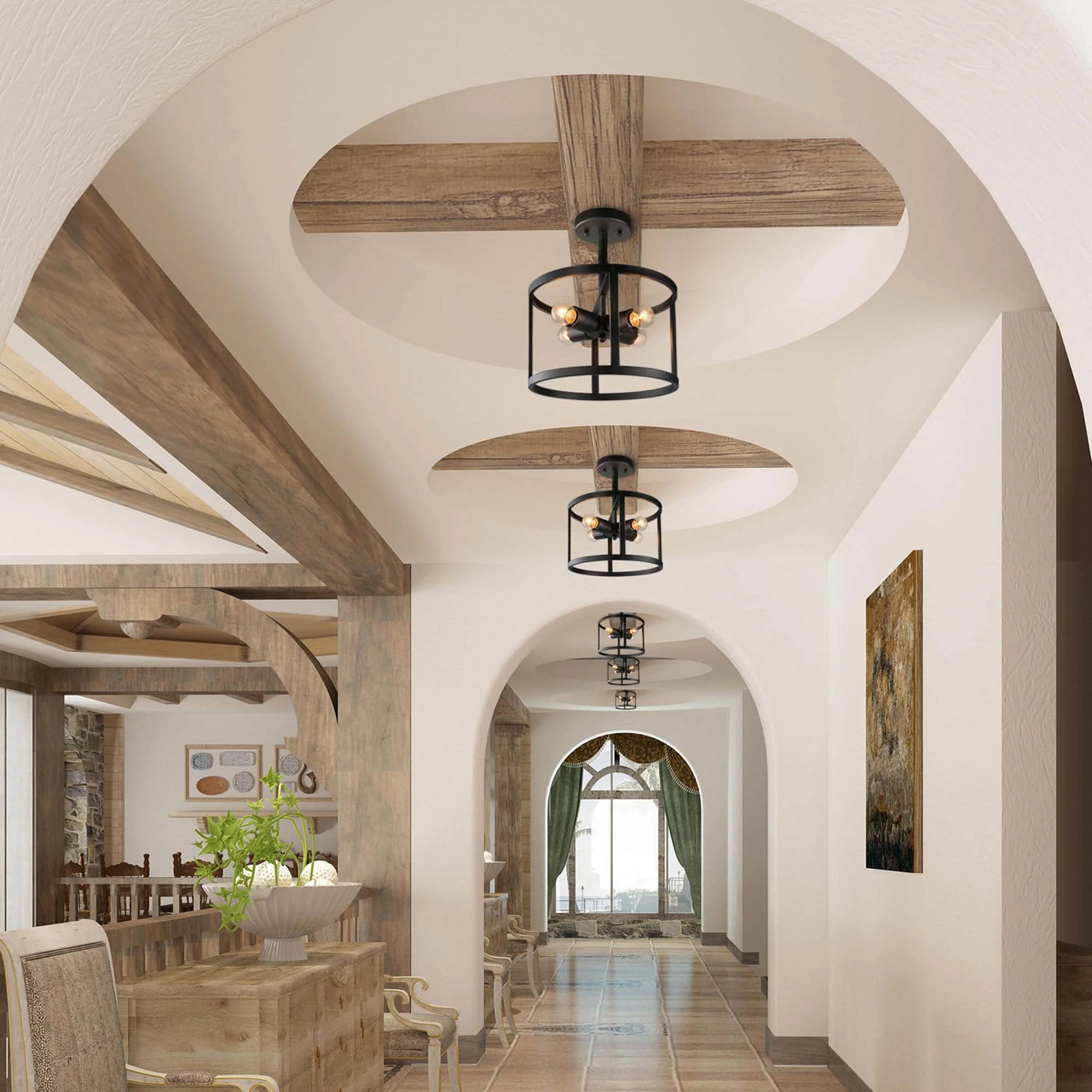 Raretta Modern Farmhouse 4-Light Semi-Flush Mount Black Drum Ceiling Light for Hallway Matte Black W11.8