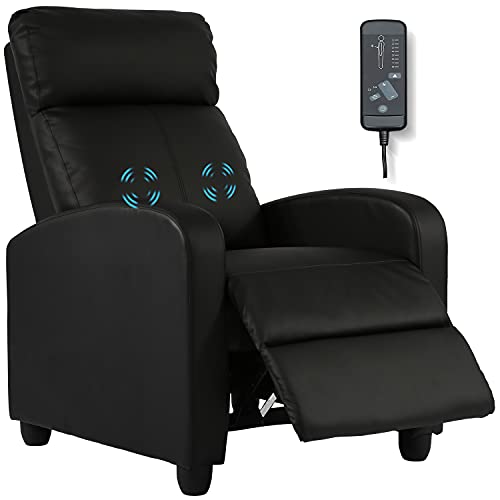 HCY Massage Recliner Chair Padded Wide Seat Sofa Wingback Single Sofa with Footrest PU Leather for Living Room,Home Theater(Black)