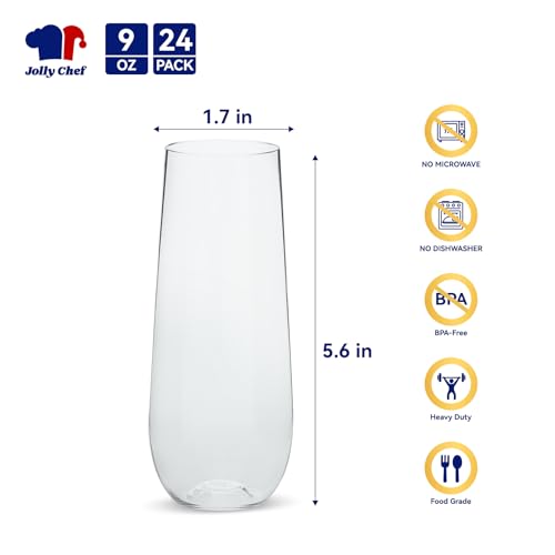 JOLLY CHEF 24 Pack Stemless Plastic Champagne Flutes Disposable 9 Oz Gold Rim Clear Plastic Toasting Glasses Shatterproof Recyclable for Party, Wedding, Birthday, Christmas