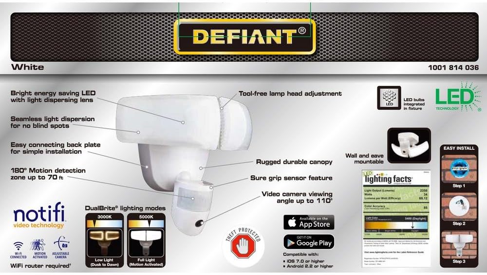 Defiant 180° White LED Wi-Fi Video Motion Security Light