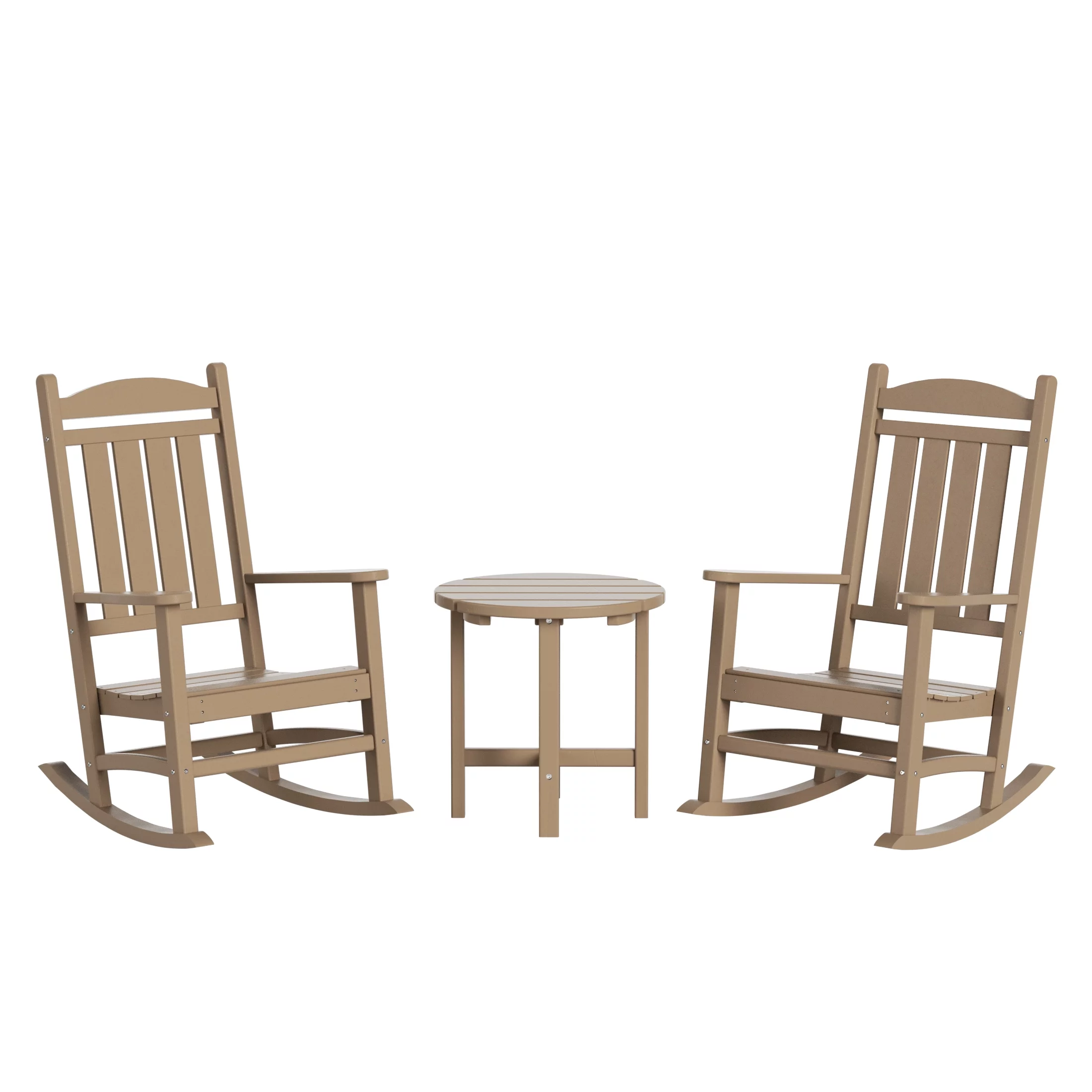 WestinTrends Malibu Classic 3 Piece Outdoor Rocking Chairs Set, All Weather Poly Lumber Adirondack Rocker Bistro Set Patio Deck Porch Chairs Set of 2 with Side Table, Weathered Wood