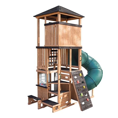KidKraft Panorama Tower Three-Story Wooden Outdoor Playhouse with Slide