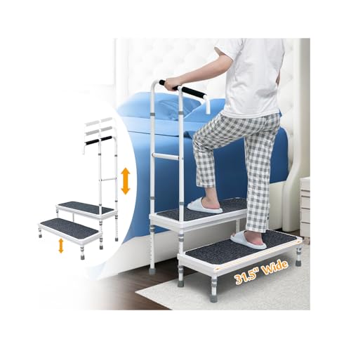 Bedside Steps for High Beds Assist Rail Medical Step Stool with Handle for Elderly Adults Bed Stairs Adjustable Step Platform Mobility Stepping Foot Stool for Bed Handicap 400lb Step Ramp