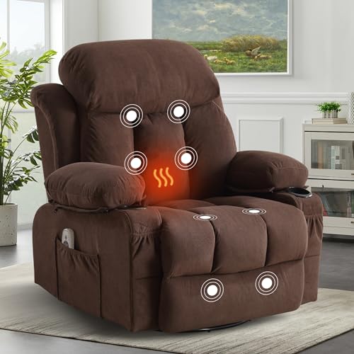 Rocker Recliner Chair with Heat and Massage, Swivel Recliner Chairs for Living Room, with Cup Holders, Side Pockets and USB,Grey
