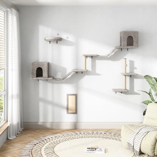COZIWOW 8-in-1 Cat Wall Furniture Set – Wall Mounted Cat Climbing Wall Shelves with Tree, Perch, Scratching Post and Bridge for Large Cats (Gray)