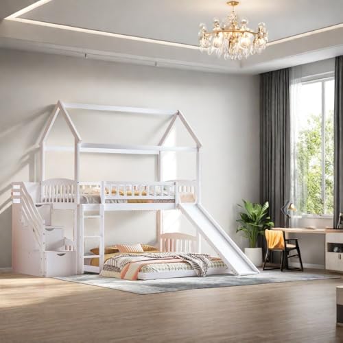 Twin Over Full House Bunk Bed with Stairs and Slide, Modern Bunk Bed Frame with Full-Length & Guard Rail, No Box Spring Needed, Gray