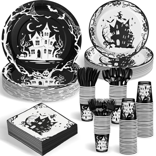Maxdot 500 Pcs Halloween Party Supplies Spooky House Plates Cups Napkins and Cutlery Set Disposable Halloween Party Tableware Set for Day of the Dead Ghost Birthday Decoration Serves 50 Guests