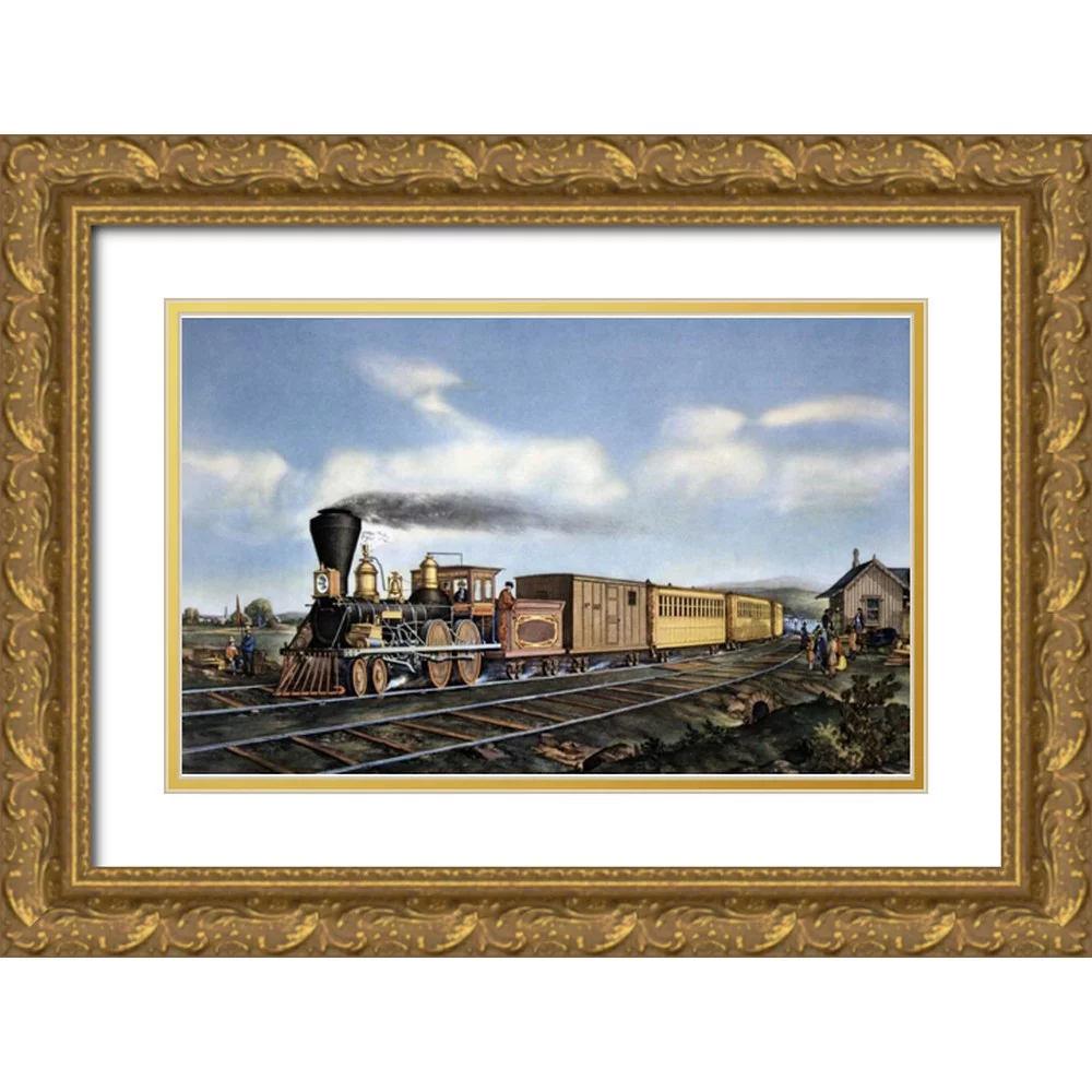 Currier and Ives 24x17 Gold Ornate Wood Framed with Double Matting Museum Art Print Titled - American Express Train