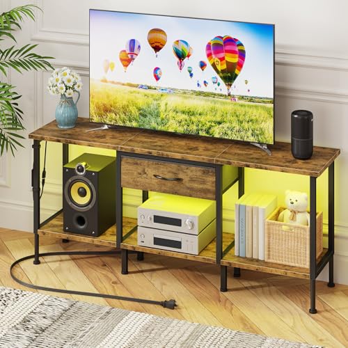 LED TV Stand with Power Outlet and Fabric Drawer for 55 50 45 Inches TV - Entertainment Center and Industrial TV Console Table for Living Room, Bedroom- 47