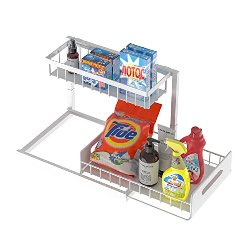 Under Sink Organizers and Storage 2-Tier Heavy Duty Metal Slide Out Pull Out Drawers L-Shape Under Cabinet Storage Around Plumbing, for Under Kitchen Bathroom Sink Organizers and Storage(White)