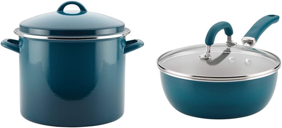 Rachael Ray Enamel on Steel Stock Pot/Stockpot with Lid, 12 Quart, Marine Blue & Create Delicious Nonstick Saute/All Purpose Pan with Lid, 3 Quart - Teal Shimmer, teal shimmer blue