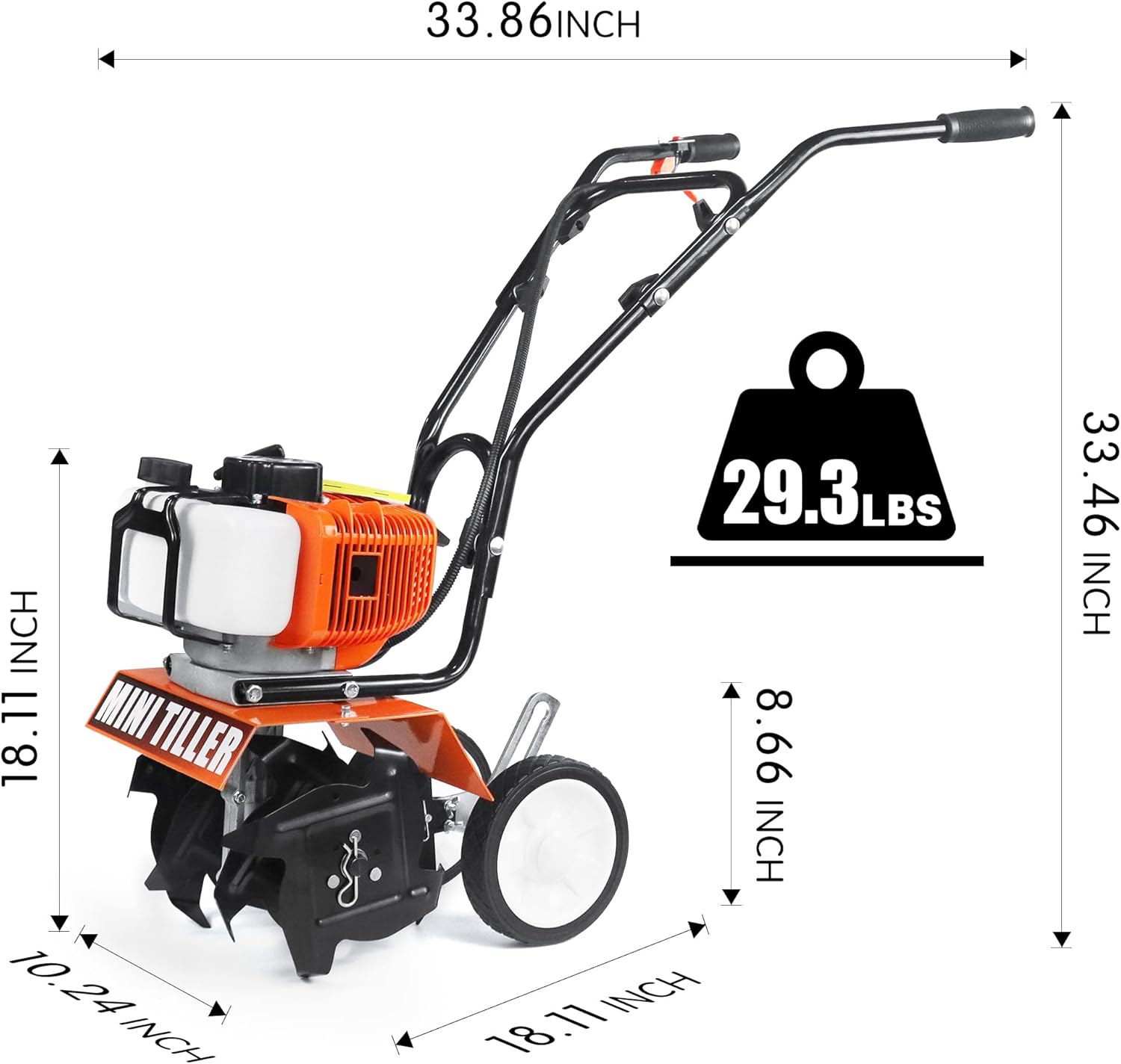 NEOTEC Mini Tiller Cultivator, 52cc 2 Stroke Gas Powered 4 Premium Steel Adjustable Forward Rotating Tines, Height Adjustable Wheels for Garden & Lawn, Digging, Weed Removal