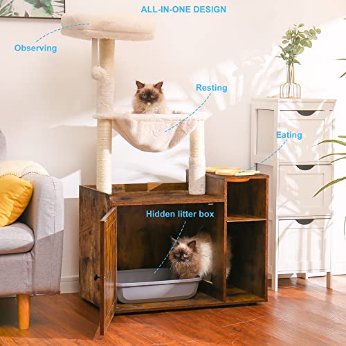 Hey-brother Cat Tree with XL Litter Box Enclosure, All-in-one Cat Tower for Indoor Cats with Large Hammock, Bed, Food Station, Scratching Posts, Modern Style Pet Furniture, Rustic Gray MPJ101SG