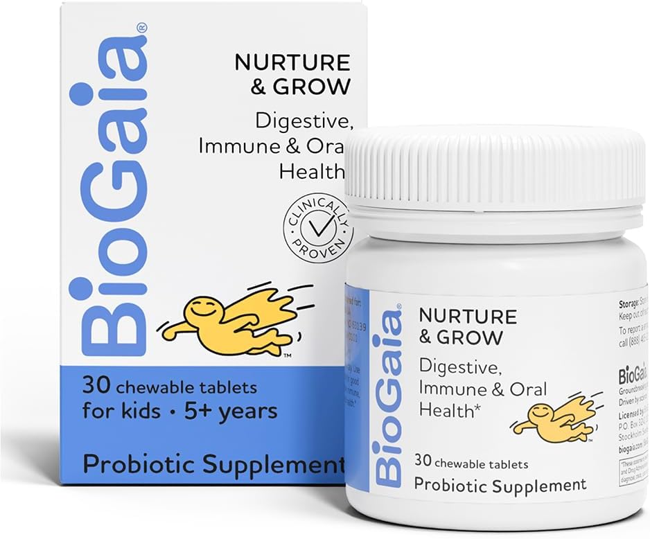 BioGaia Nurture & Grow Kids Probiotic | Ages 5+ | Chewable Probiotic | Allergen-Free | Triple-Benefit Probiotic for Kids | Digestive Health, Immune Support & Oral Health Protection | 30-Day Supply
