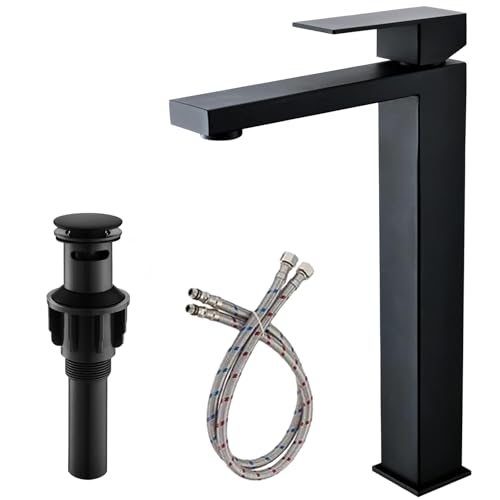 Friho Single Handle Matte Black Tall Bathroom Vessel Sink Faucet, Modern Vanity Basin Mixer Tap Bathroom Sink Faucet with Drain Pop up&Water Hoses, FRDC17914B