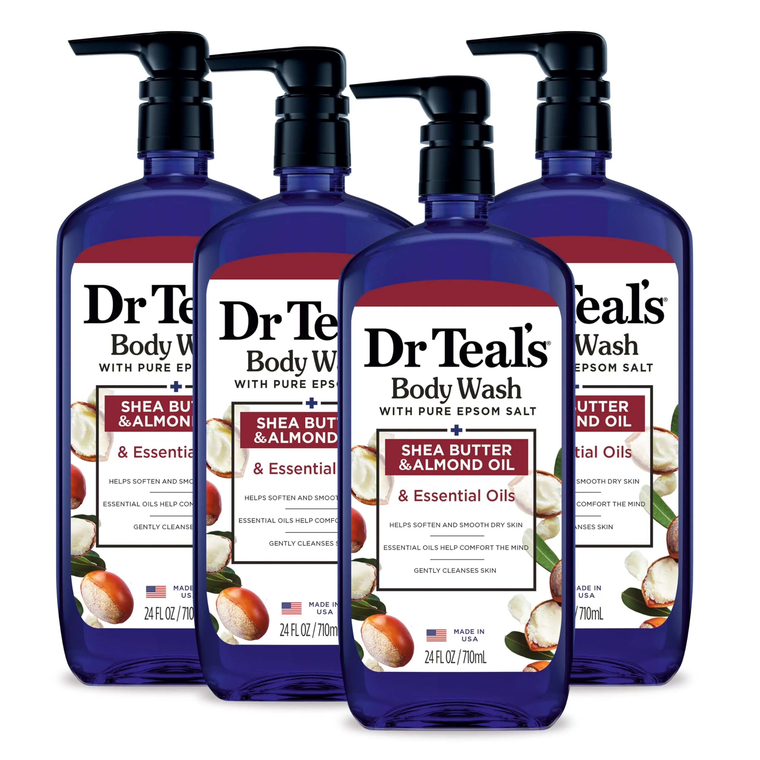 Dr Teal,S Body Wash With Pure Epsom Salt, With Shea Butter & Almond Oil, 24 Fl Oz (Pack Of 4) (Packaging May Vary).