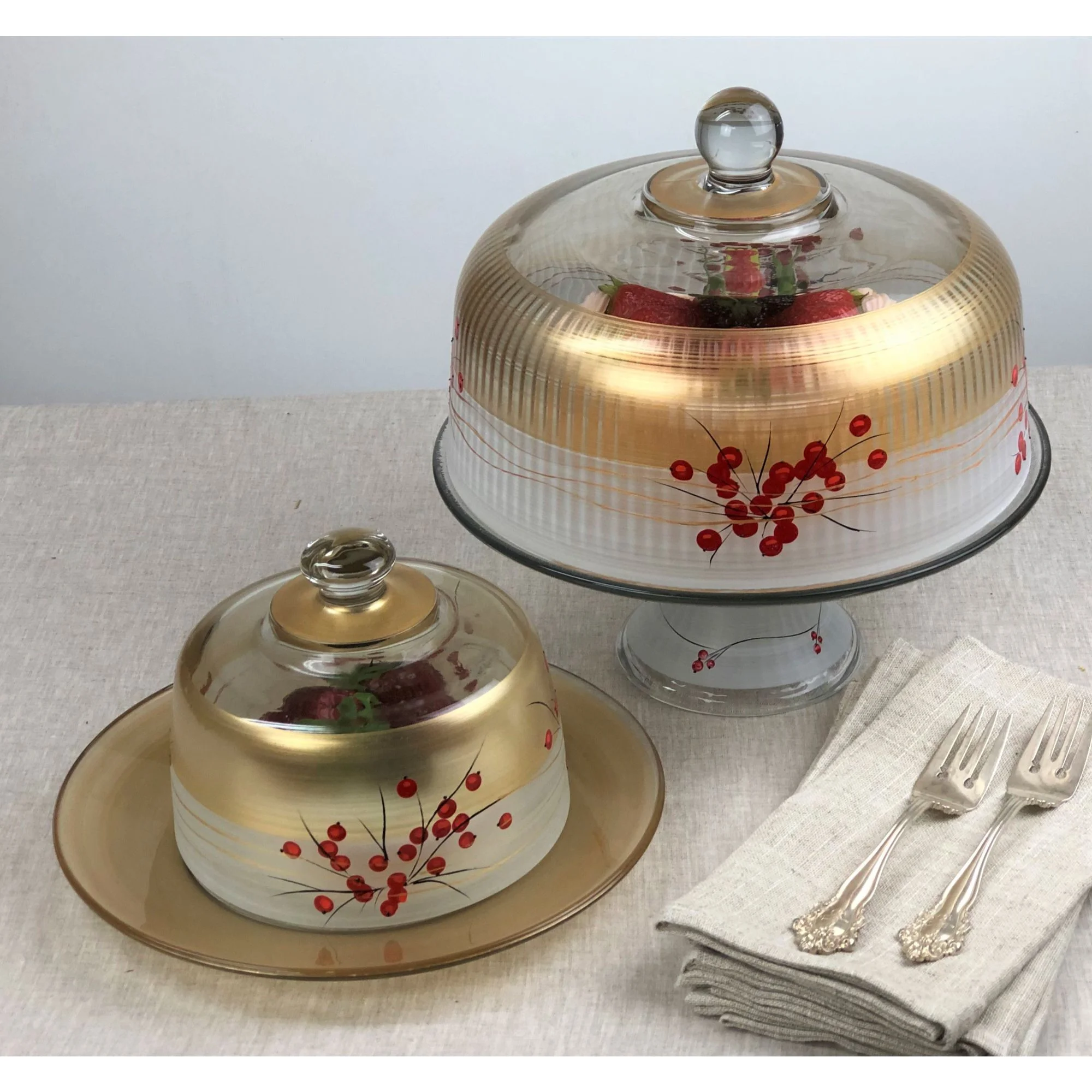 Crafted Creations White and Gold Holly Berries Hand Painted Glass Serving Bowl 11