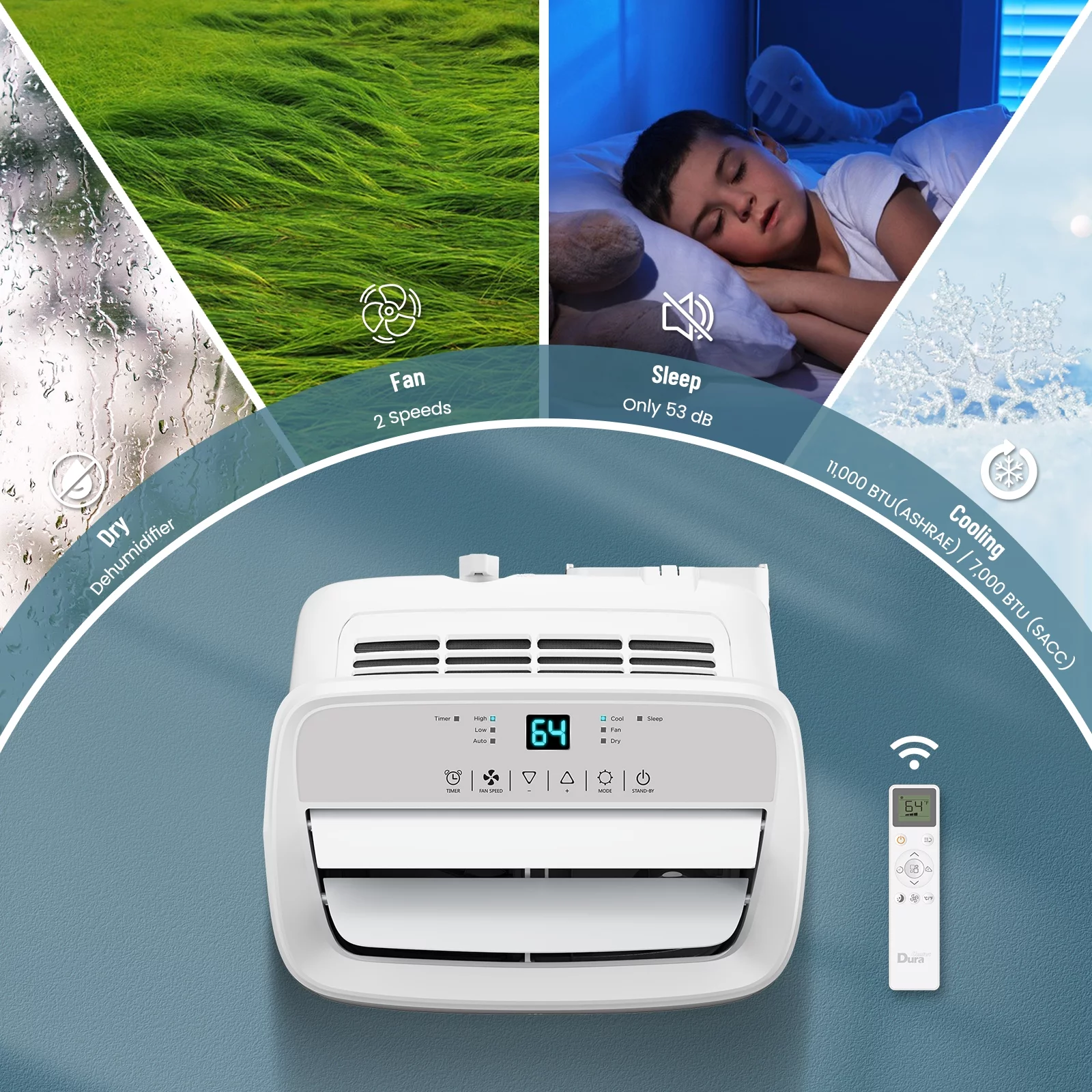 DuraComfort Room Portable Air Conditioner 7250 BTU (11000 BTU ASHRAE), Ups to 300 sq. ft., Remote Control