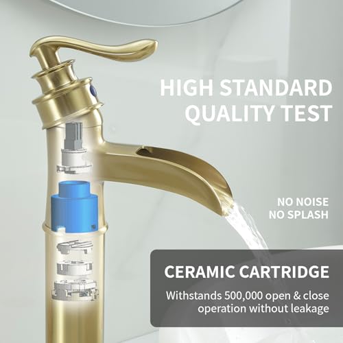 BWE Vessel Sink Faucet Waterfall Matte Black with Pop Up Drain Without Overflow and Supply Lines, Black Sink Faucet Bathroom One Handle Faucets Vanity Bath Mixer Tap