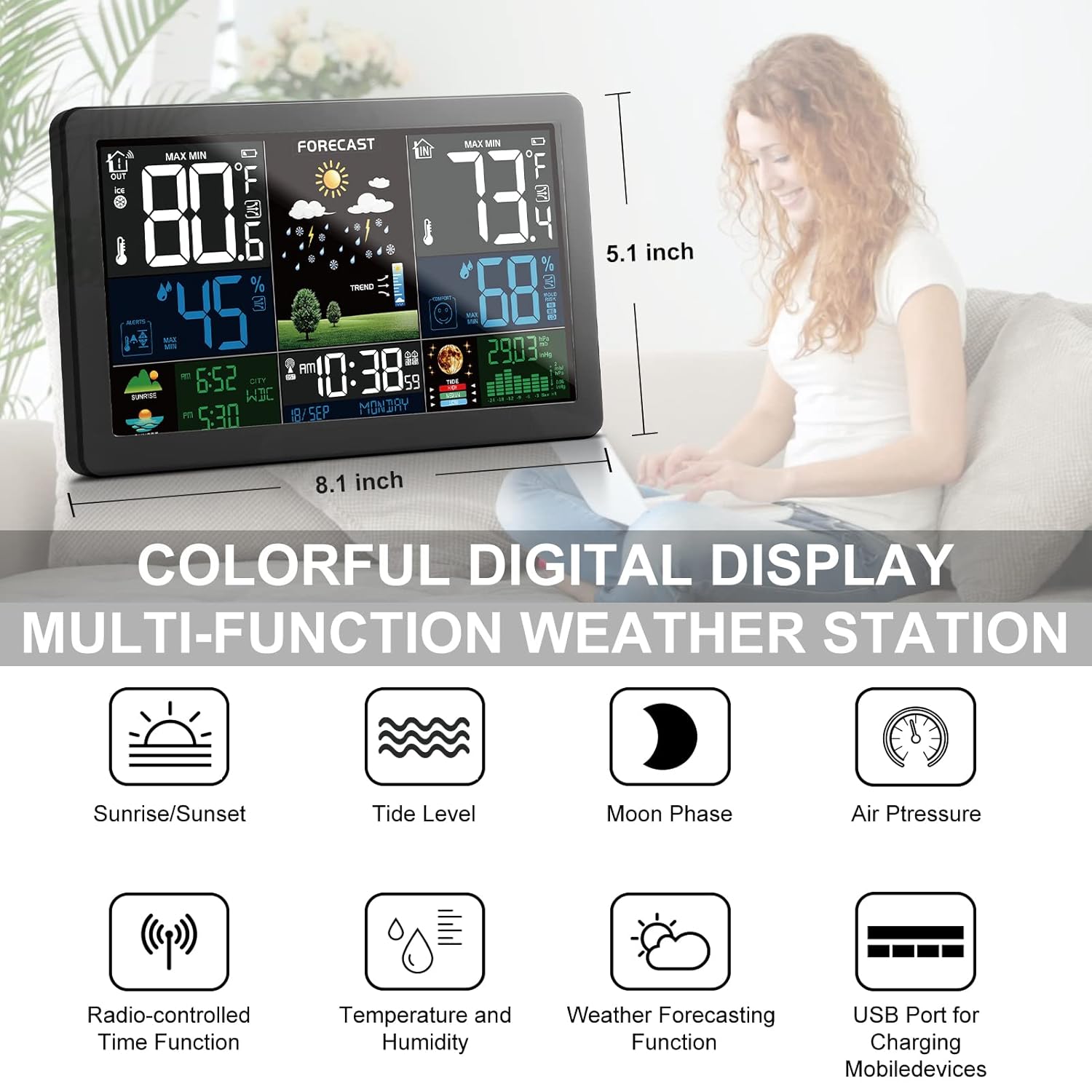 Weather Station Wireless Indoor Outdoor Thermometer with 3 Remote Sensors and Color Display Atomic Clock, Weather Thermometer Forecast Station with Sunrise Sunset Time and Tide Level