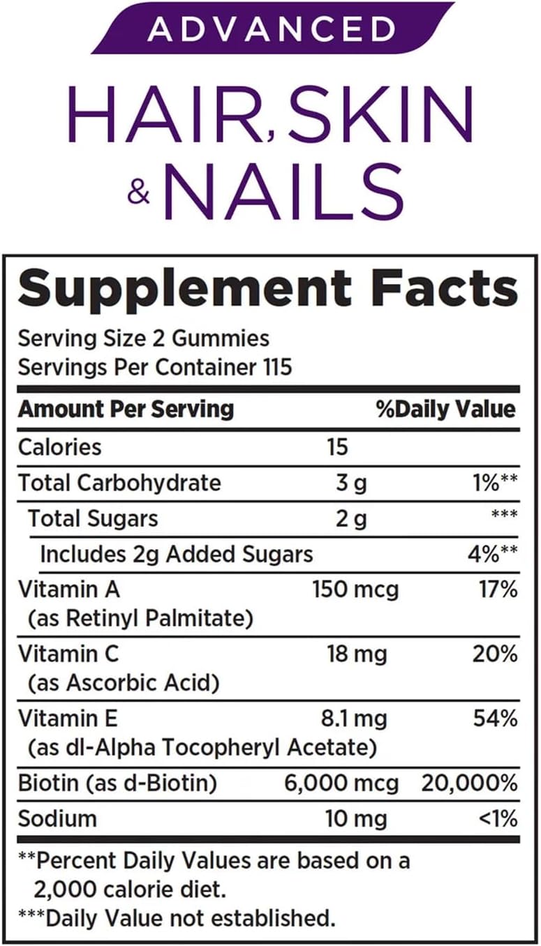 Nature S Bounty Hair, Skin and Nails Advanced, 230 Gummies - 6,000 mcg Biotin, Vitamin C & E, Strawberry Flavor, Gluten Free, Lactose Free, Non-GMO
