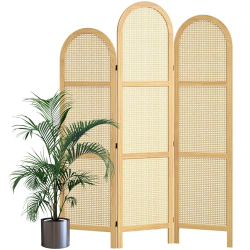 Room Divider and Folding Privacy Screens, Pine Wood 5.6 Ft Double Hinged Rattan Partition Freestanding Wall Room Divider for Home - 3 Panels