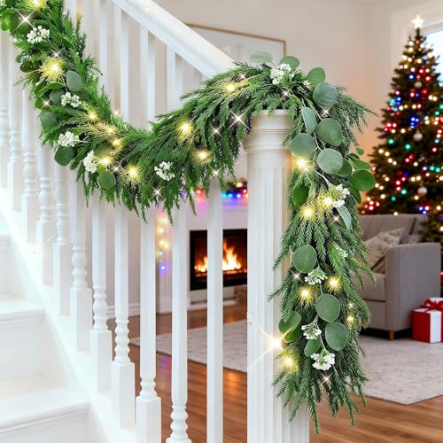 2 Pack Christmas Garlands with Lights, Artificial Pre-lit Garland Christmas for Stairs, 9FT Lighted Garlands with Timer, Battery Operated Christmas Garland for Mantle