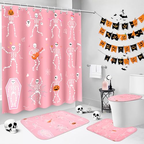 4Pcs Christmas Shower Curtain Set - Merry Christmas Bathroom Set Holiday Shower Curtain with Non-Slip Rugs, Toilet Lid Cover and Bath Mat