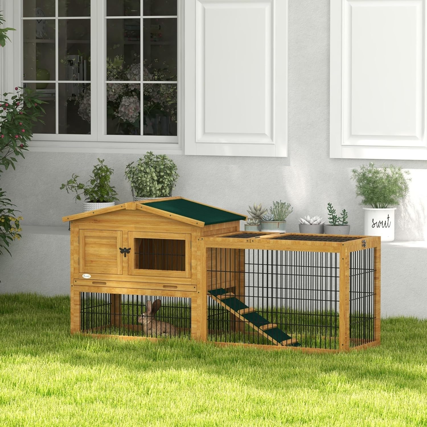 2 Levels Outdoor Rabbit Hutch with Openable Top, 59