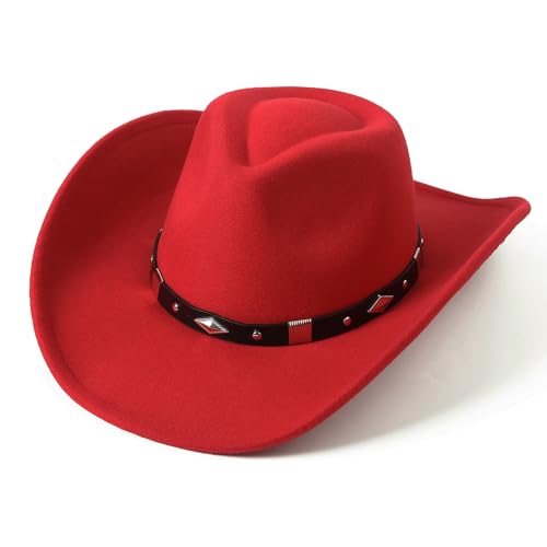 Lanzom Women Men Classic Felt Wide Brim Western Cowboy Cowgirl Hat with Belt Buckle