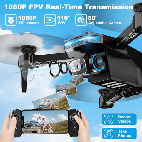 Drone with 1080P Camera - Foldable Remote Control Quadcopter with Voice Gesture Control, 3D Flip, One Key Start, Emergency Stop, 2 Batteries, Easier to use, Toy for Kids Adult Beginners