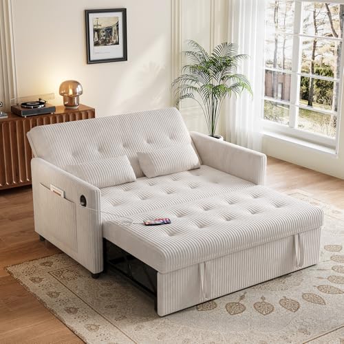 Sofa Bed, Loveseat 3-in-1 Sleeper Sofa with Pull Out Bed, Pockets and USB, Modern 2 Seater Convertible Small Couch for Living Room Bedroom Apartment (Beige, Corduroy)