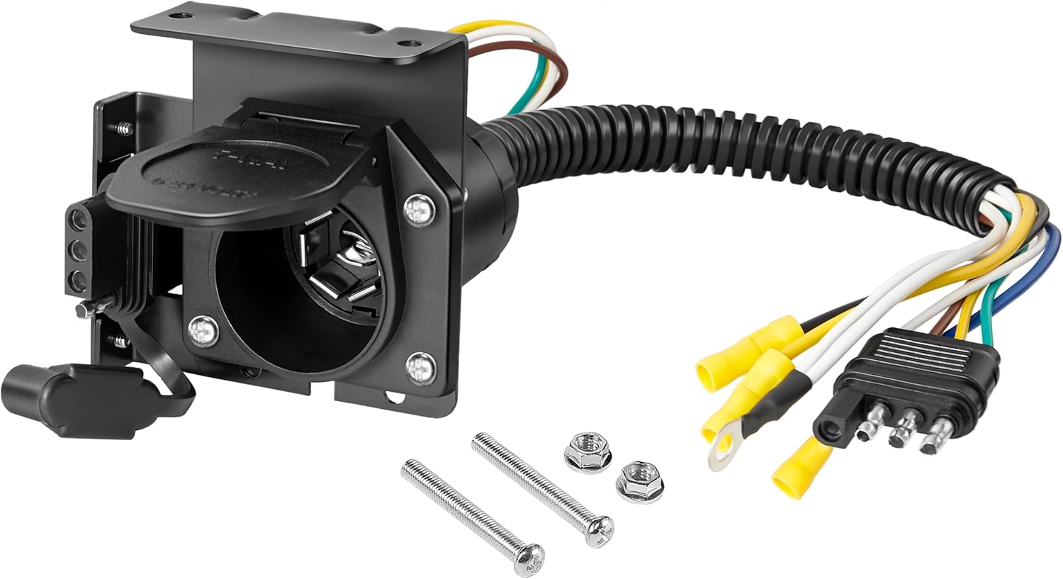 Oyviny 4-Way Flat to 7-Way Round Blade and 4 Way Trailer Wiring Harness Adapter Vehicle-Side 4 Pin to Trailer-Side 7 Pin and 4 Pin Dual-Output Connector with Mounting Bracket for Truck RV(Black)