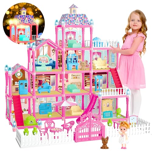 Doll House for Girls,13 Rooms Dollhouse with 2Dolls Figure, Lights, Puppies,Furnitures, Accessories, Toddler Playhouse Gift for for 3 4 5 6 7 8 9 10 Year Old Girls Toys (Pink)