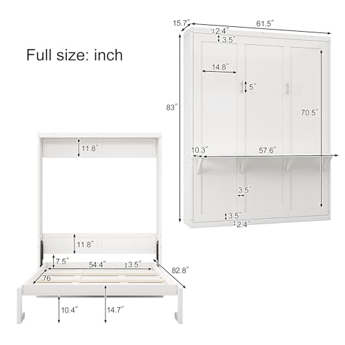 SOFTSEA Full Size Murphy Bed with Desk Combo, 61.5 inch Murphy Bed Frame, Foldable Wall Bed for Guest Room Study Room Bedroom Apartment, Home Office Wood Murphy Cabinet Bed, White
