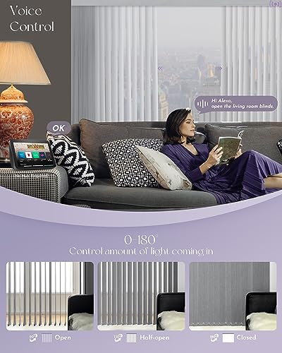 Graywind Motorized Vertical Blinds Compatible with Alexa Google Privacy Reversible Blackout Smart Vertical Blind Remote Control Track Slats Set for Home Office, Width Up to 157